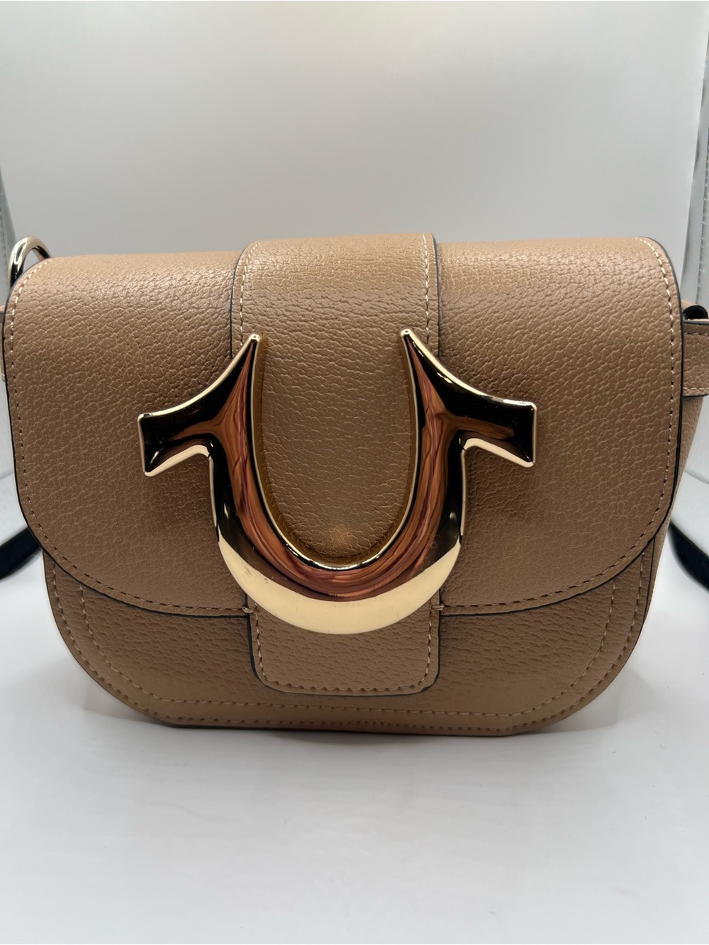 True Religion Pebbled Taupe Crossbody with Gold Horseshoe